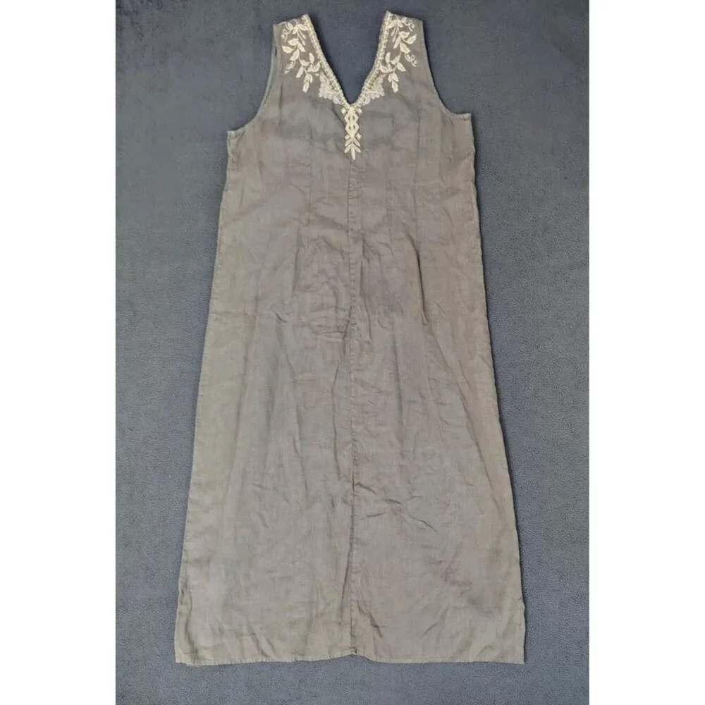 Johnny Was Kemi Embroidered Midi Linen Tank Dress Sz (XL) Taupe Coastal Neutral - Picture 7 of 9